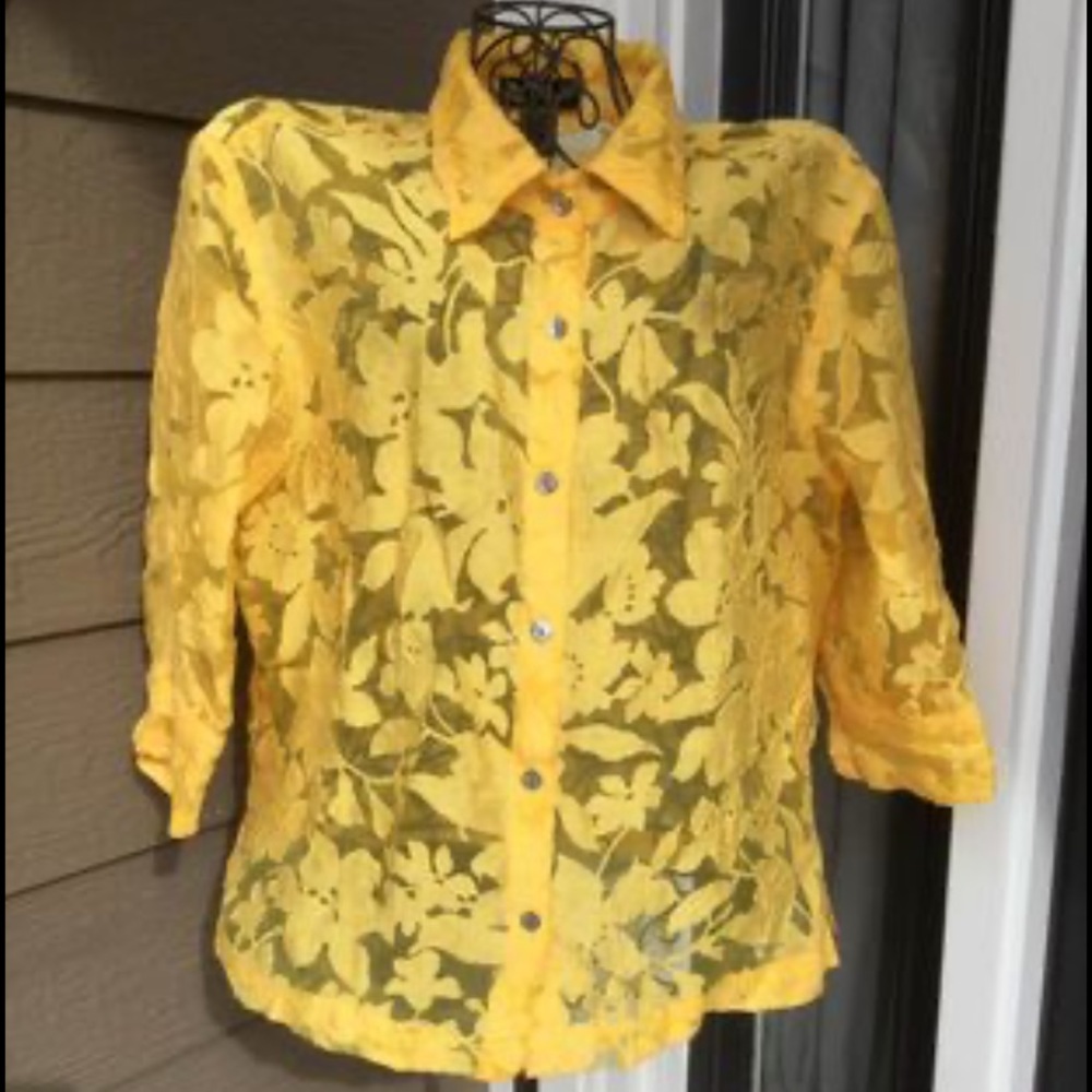 Mirasol Womens Ladies Yellow Floral Sheer 3/4 Sleeve Blouse Top Size M